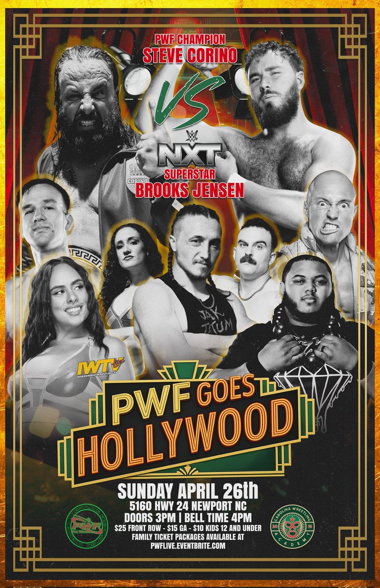 PWFLive's tweet photo. 🤼‍♂️‼️LIVE PRO WRESTLING‼️🤼‍♂️

This Sunday, April 26th, PWF is bringing LIVE PROFESSIONAL WRESTLING back to the Carolina Wrestling Academy in Newport, NC as we present “PWF Goes Hollywood!”, as well a FREE Professional Wrestling Tryout before the show, hosted by the Coaches and staff of the Carolina Wrestling Academy! 

(Tryout details below)

PWF Champion Steve Corino will defend his Championship for the second time against WWE NXT Superstar Brooks Jensen, in a special "Coach vs Student" Title Match, that just a few days ago, was thought to be an impossible, once in a lifetime Dream Match!

Plus, former best friends and members of the tag team Sigmas Mills implode! LDJ fights Sawdust in a very personal Relaxed Rules Grudge Match to prove who is the top dog and who was the "dead weight" of their former tag team!

And that's not all, as the PWF roster collides in the King's Road Mystery Rumble! All entrants will battle for a chance to challenge for the PWF Championship at the next PWF show on May 24th, whoever the champion may be! 

Participants can be eliminated by pinfall, submission or going over the top rope with both feet hitting the floor, but beyond that, not much else is known...

How many entrants will there be? How long will there be in between entrances? Do you even have to be a wrestler to join?! Find out this Sunday!

Experience the show the best way possible by getting a ticket and being a part of the action or watch LIVE on https://t.co/abasE4rPiS!

‼️🤼 HAVE YOU EVER WANTED TO BE A PRO WRESTLER? 🤼‍♀️‼️

Before the show this Sunday at 11am, the Carolina Wrestling Academy is providing anyone with the drive to work towards their dreams an opportunity to begin their professional wrestling journey and see if training at the CWA is for you. 

Open to everyone ages 10 & up (if you are 17 or younger, please bring a parent/guardian with you)! 
 
Please arrive by 10:30am to fill out paperwork, as the tryout will begin at 11am

Email PWFProWrestling@gmail.com for more info and to reserve your spot!

🎥PWF Goes Hollywood!
📅 This Sunday, April 26th
📍 Carolina Wrestling Academy – 5160 Hwy 24, Newport, NC
🚪 Doors: 3pm 
🔔 Bell Time: 4pm

🎟 Reserve your front row seats now at https://t.co/m7O4gaOZN2!