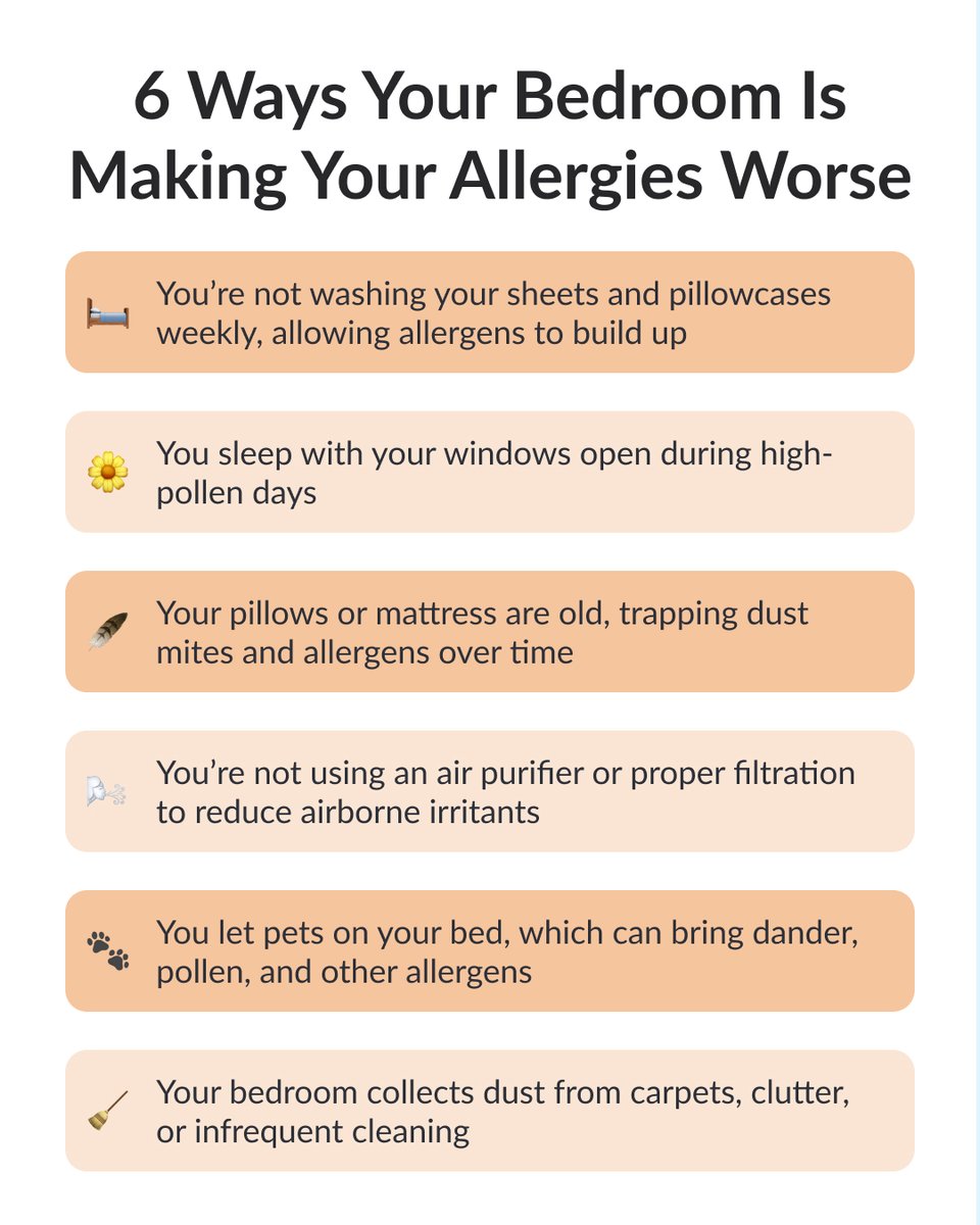 thesleepdoctor's tweet image. If your allergies feel worse at night or first thing in the morning, your bedroom could be part of the problem. 🤧

Make sure your bedroom isn’t making your allergies worse by avoiding these 6 habits. ⬇️

#SleepDoctor #SleepTips #Allergies #SpringAllergies #SleepHealth