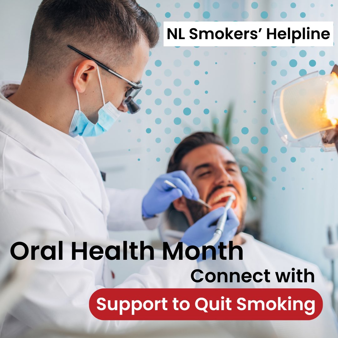 SmokersHelpNL's tweet photo. This is #OralHealthMonth 
🚭Quitting smoking can significantly improve your oral health. 
Some of the benefits of living smokefree include:
• Fresher breath,
• Healthier gums and teeth, and 
• Reduced risk of oral cancer.
Connect with support: https://t.co/m3f8s0fHXY https://t.co/IvjzUohITg
