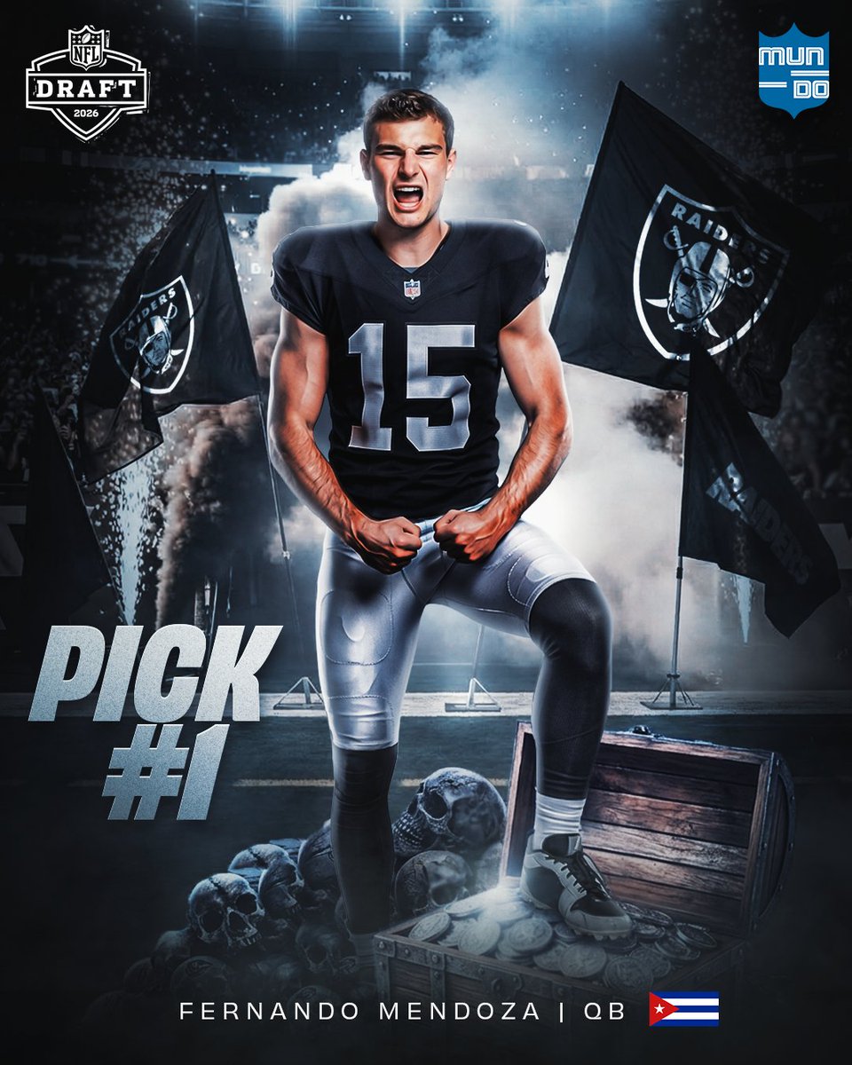 MundoNFL's tweet photo. "EL PRIMER JUGADOR SELECCIONADO ES ORGULLOSAMENTE LATINO! 🇨🇺🤩

Fernando Mendoza y sus raíces cubanas llegan a los Raiders. ¡VAMOS!

#MundoNFL #NFLDraft https://t.co/2M20IKsFAL