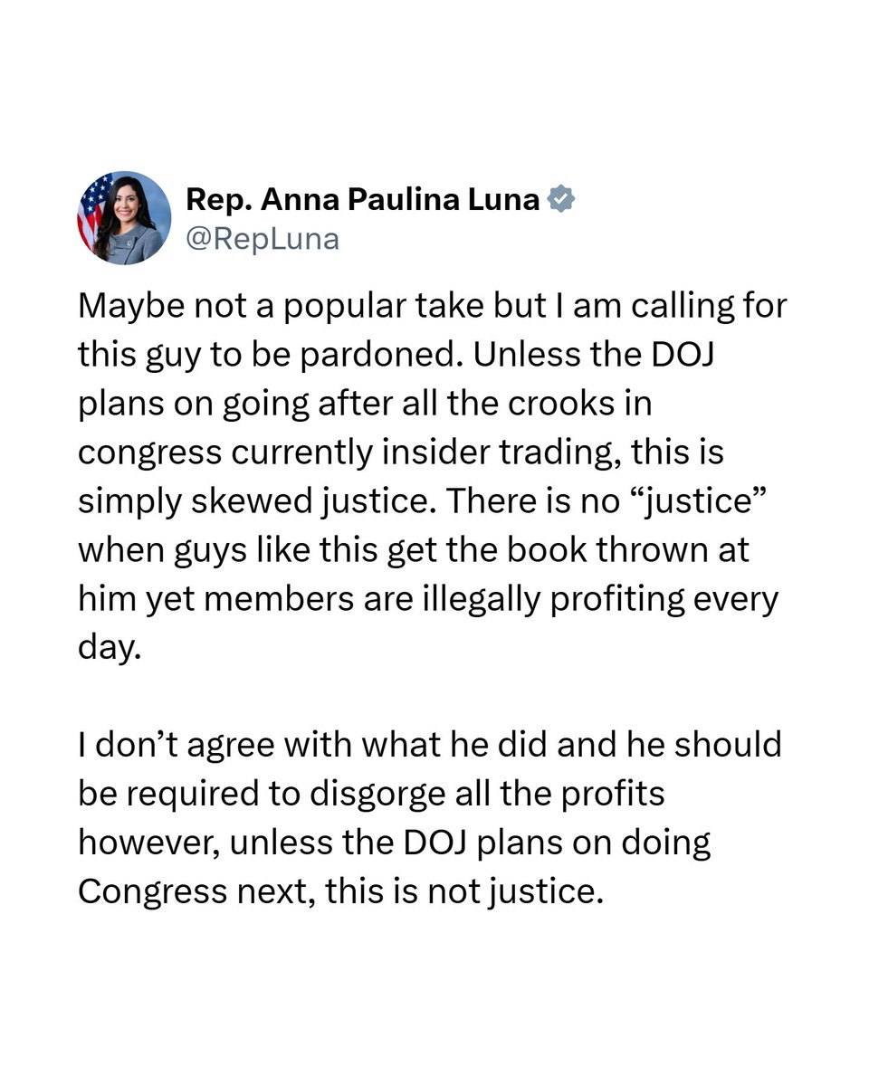 JUST IN: 🇺🇸 Rep. Anna Paulina Luna calls for President Trump to pardon US soldier arrested for making over $400,000 betting on Venezuela's Nicolás Maduro.

"Unless the DOJ plans on going after all the crooks in Congress currently insider trading, this is simply skewed justice."