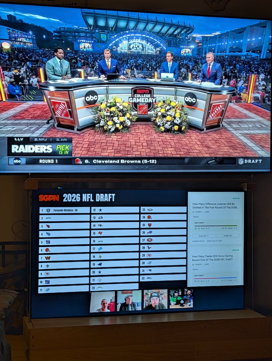 Tonight's set-up.  Audio is up on the lower screen with SGPN and the DeGens, as it should be. <a href="/TheColbyD/">Colby Dant</a> <a href="/CJSullivan_/">CJ Sullivan</a> <a href="/seantgreen/">Sean Green</a> <a href="/KramerCentric/">Ryan Kramer</a> <a href="/GamblingPodcast/">Sports Gambling Podcast ™</a> <a href="/TCEonSGPN/">The College Experience</a>