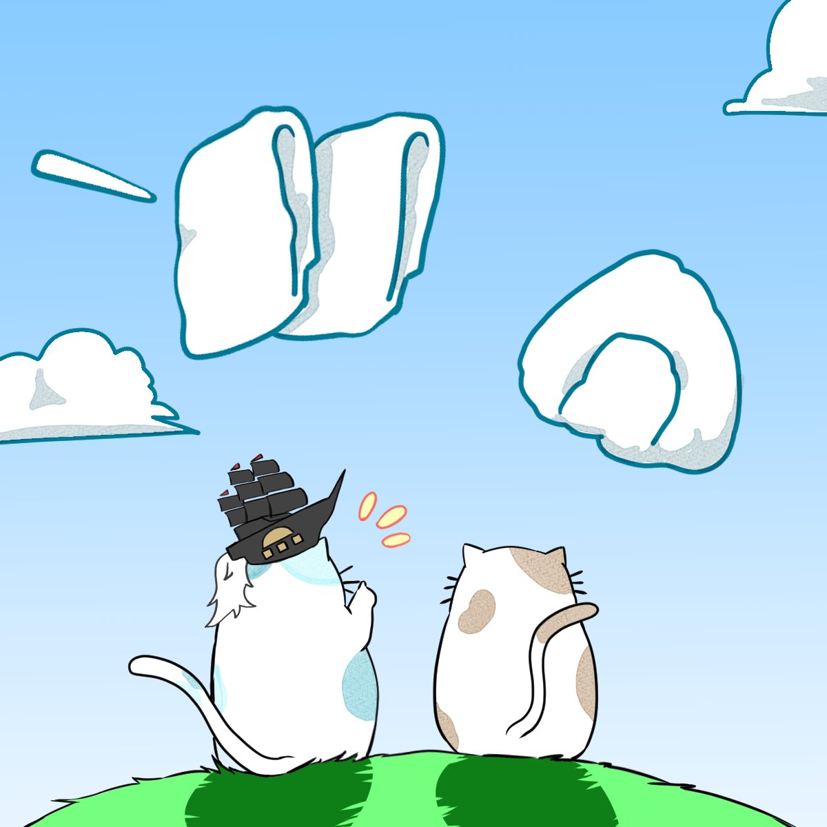 今日はいいお天気だからお散歩がてら日向ぼっこをしたにゃ！

日向ぼっこをしながら空を見ていたら
おにぎりに見える雲にゃ～
あれはにゃぺの大好きな羽二重餅！

雲がいろんな美味しいものに見えてきておなかがすくにゃ～