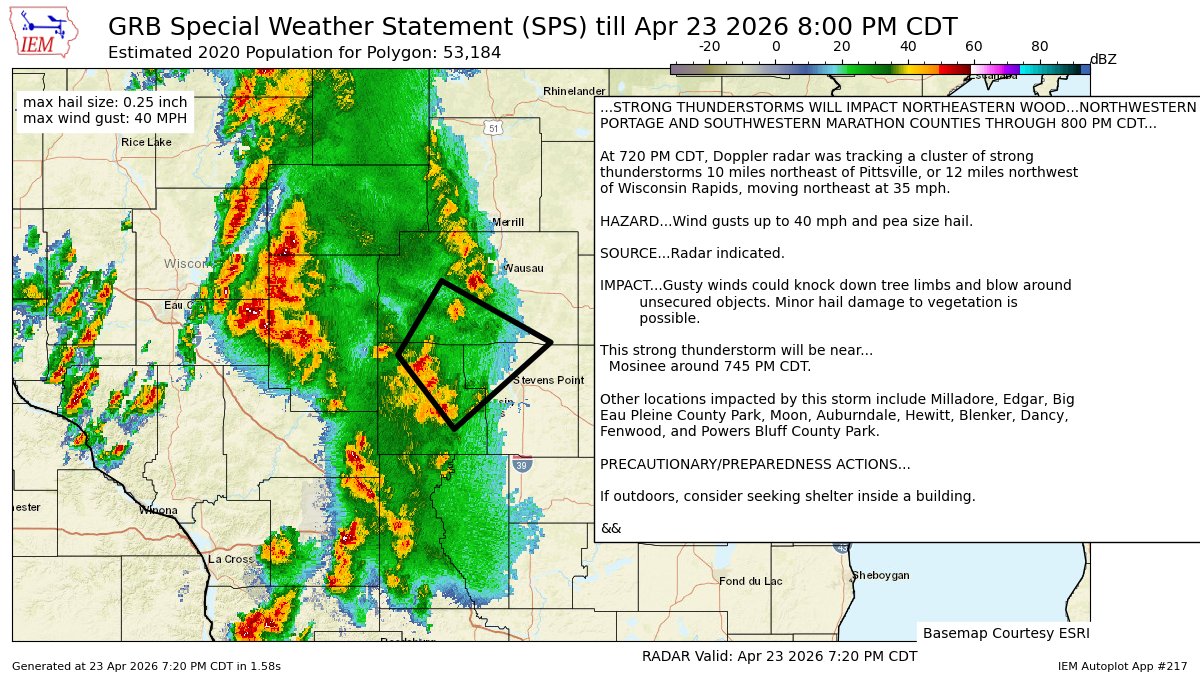 STRONG THUNDERSTORMS WILL IMPACT NORTHEASTERN WOODNORTHWESTERN PORTAGE AND SOUTHWESTERN MARATHON COUNTIES THROUGH 800 PM CDT [wind: 40 MPH, hail: 0.25 IN] mesonet.agron.iastate.edu/p.php?pid=2026…