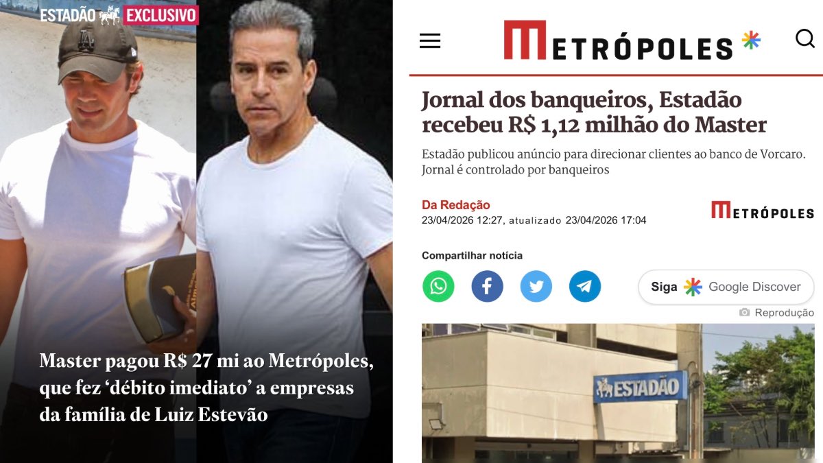 O chumbo trocado entre <a href="/Estadao/">Estadão 🗞️</a> e <a href="/Metropoles/">Metrópoles</a> no caso Master 👀