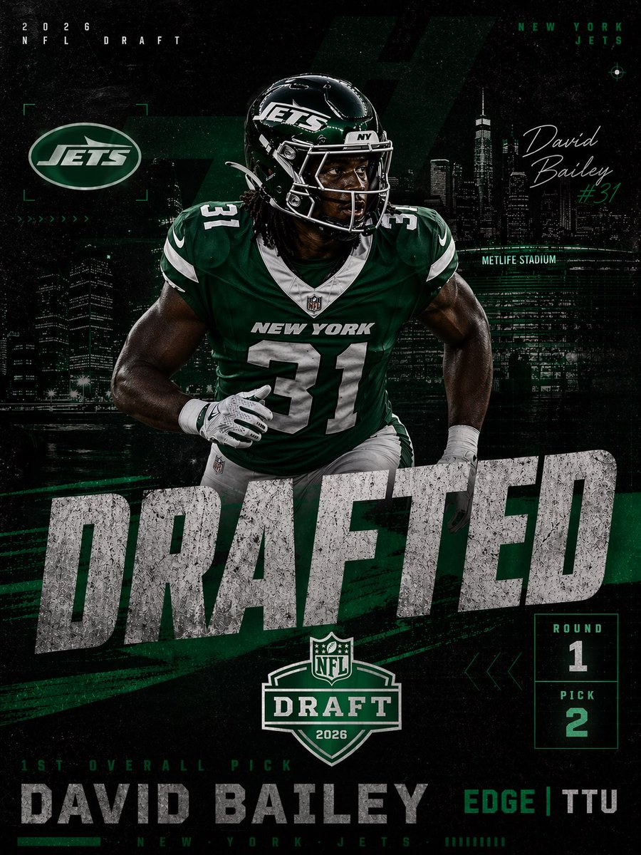 Jets_Lead's tweet photo. BREAKING: The New York Jets have selected Edge David Bailey from Texas Tech with the #2 Overall Pick in the 2026 NFL Draft!! Welcome to New York David!! 🛩️ https://t.co/Z8pIxNHo1b