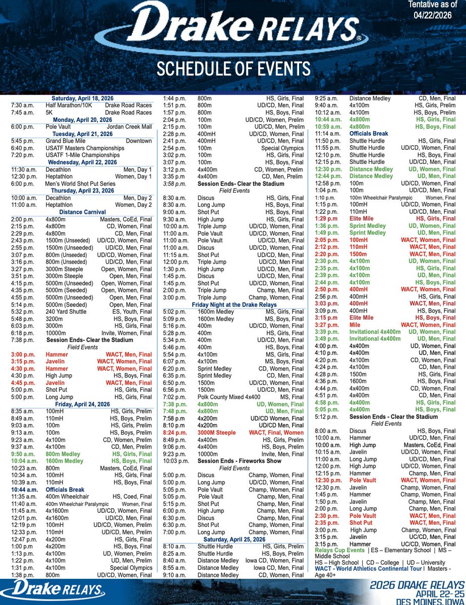 DrakeRelays's tweet photo. 🚨 𝗦𝗖𝗛𝗘𝗗𝗨𝗟𝗘 𝗨𝗣𝗗𝗔𝗧𝗘 🚨 

Tonight's forecast has caused another schedule change. The Men's Invitational 10,000m will now close Friday's slate.

Here is a revised schedule for tomorrow's action ⬇️ https://t.co/gsFgiOW4BE