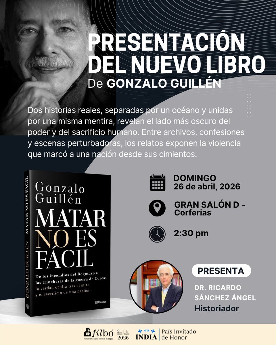 LOS ESPERO. 
Nos vemos este domingo, 26 de abril, en la presentación de mi nuevo libro “Matar no es fácil”. 

Tendré una amena charla con el profesor Ricardo Sanchez Ángel. 

Luego habrá firma de libros.