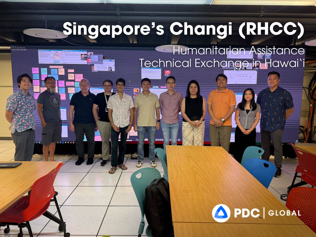 PDC_Global's tweet photo. Sending aloha to our Singapore partners! We valued the opportunity to host Changi Regional Humanitarian Assistance and Disaster Relief (RHCC) this week for a multi-day technical exchange focused on automated hazard alerting, advancements in AI for humanitarian assistance, and other exciting capabilities that accelerate decision-making and enhance information-sharing among partners during regional crises.

Mahalo (thank you) also to our partners at the University of Hawai‘i for hosting us on Oahu and sharing their latest innovations, exploring scalable AI-enabled applications, and alerting. 

@OfficialChangiRHCC
@uhmanoa 
#SaferWorld #disasteraware #EarlyWarningForAll