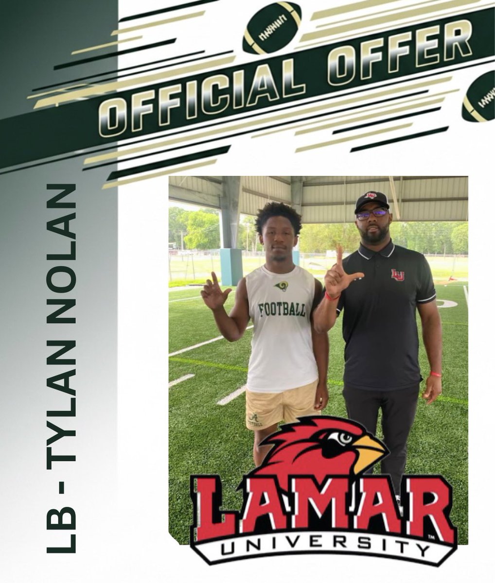 TheWreckinRams's tweet image. ‼️OFFICIAL OFFER‼️

Congratulations to 2028 LB Tylan Nolan for receiving his first offer from Lamar University 

#collegefootball
#Congratulations
#OfficialOffer  
#nextlevel