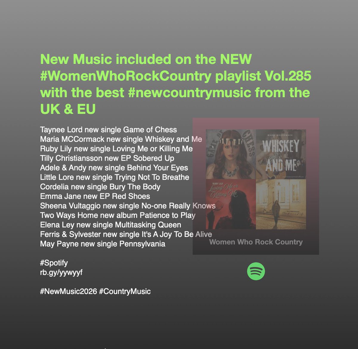 ScottKash88's tweet photo. New Music included on the NEW #WomenWhoRockCountry playlist Vol.285 with the best #newcountrymusic from the UK &amp; EU 
@AdeleAndAndy
@littleloremusic
@emma_jane_music
@sheenavsings
@TwoWaysHome
@FerrisSylvester

#Spotify
https://t.co/ilkPvRnElg

#NewMusic2026 #CountryMusic https://t.co/kvqrmfrlZv
