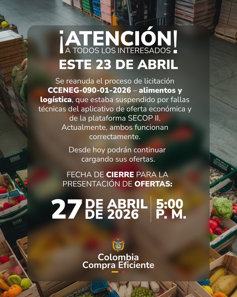 colombiacompra's tweet photo. Se reanuda el proceso de licitación CCENEG-090-01-2026 tras superar las fallas técnicas en SECOP II.

📌 Se adoptó una medida de saneamiento del proceso para dar garantías a todos los interesados.

En Colombia Compra Eficiente trabajamos por procesos transparentes y equitativos. https://t.co/CJXGdSDdIz