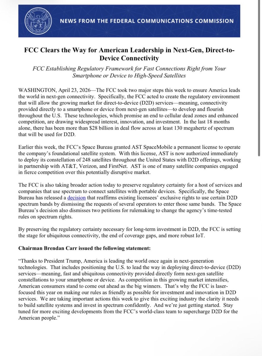 $ASTS The FCC just did what the market hasn’t priced yet…

Regulatory clarity ✅
Spectrum protection ✅
Permanent authority to deploy ✅

This isn’t just approval, it’s the U.S. government backing Direct to Device as critical infrastructure.

Now connect the dots:
Export-driven