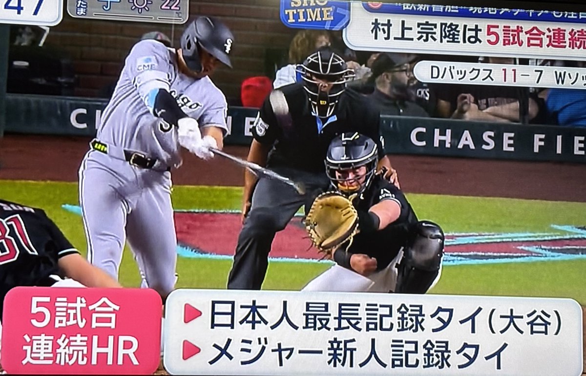3LQDNChmYZ89095's tweet image. 村上宗隆選手、5試合連続10本目のホームラン❗️ジャッジさんを超え大谷さんと並びました❗️⚾️😄🐬
#村上宗隆
#MLB
#CHICAGO White socks
#Munetaka Murakami
#Amazon Prime Video
#テレ朝　スーパーJチャンネル