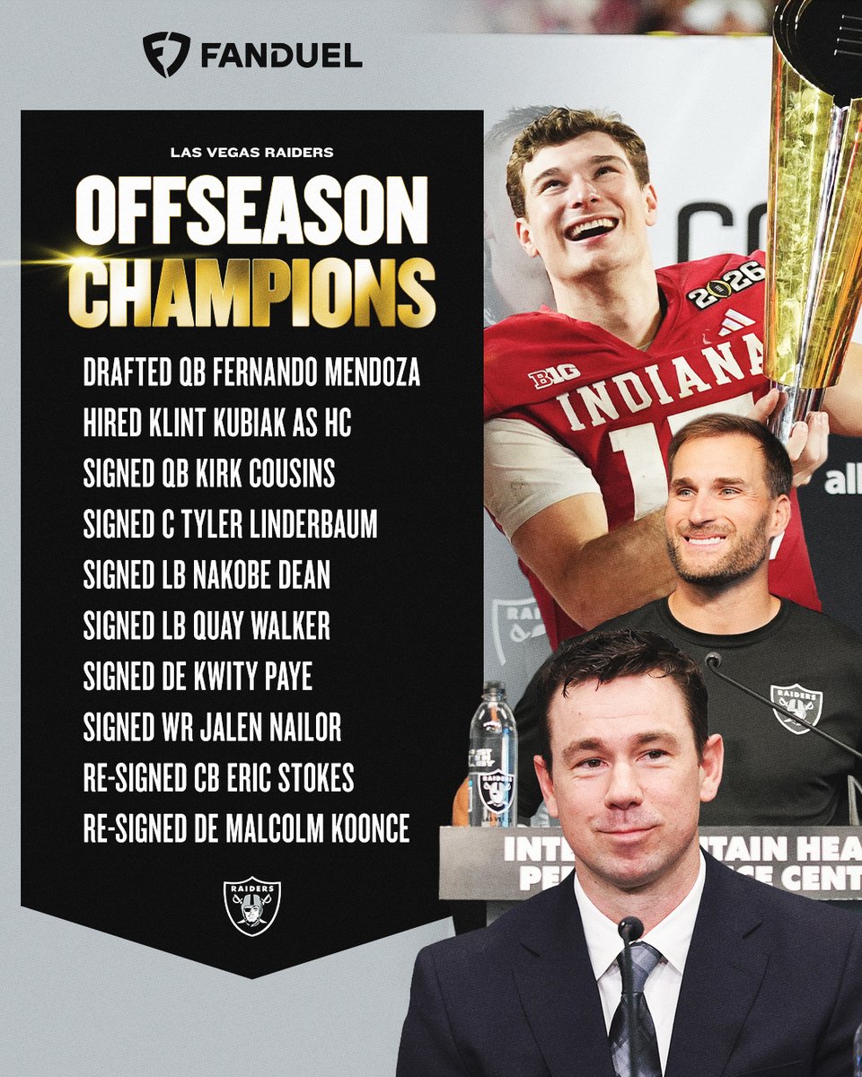 FanDuel's tweet image. THE RAIDERS HANG A BANNER 🏆

2026 NFL OFFSEASON CHAMPIONS

#RaiderNation | #NFLDraft