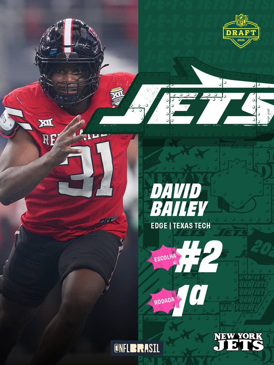 REFORÇO NA LINHA DEFENSIVA PARA OS JETS! 

O New York Jets seleciona o EDGE David Bailey de Texas Tech na 2a escolha do NFL Draft.

📺 NFL DRAFT ao vivo no <a href="/sportv/">sportv</a>, <a href="/getv/">Geek Entertainment</a>, espnbrasil e @disneyplusbr
