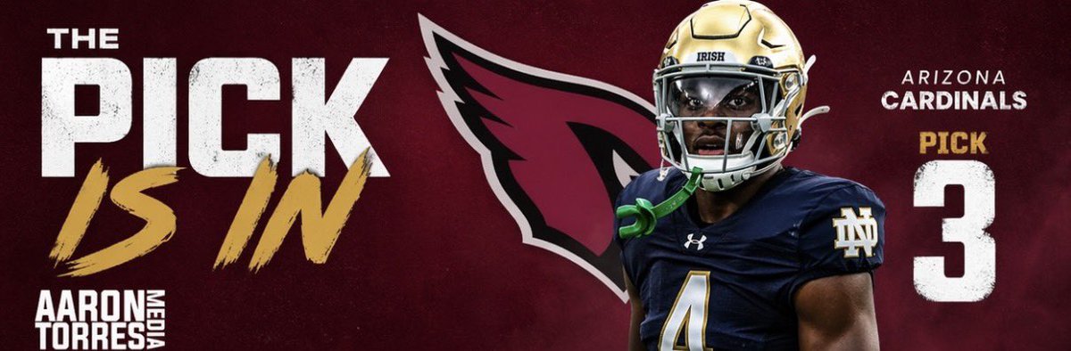 TorresOnND's tweet photo. The pick is in and Jeremiyah Love is an Arizona Cardinal! Jeremiyah becomes just the 4th Notre Dame running back drafted in the first round and the highest drafted one surpassing Jerome Bettis (Pick 10 in 1993). Congrats 🫶🏻 https://t.co/KptjPU7pn4