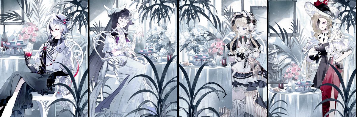 I’ve always wanted to draw the Harbinger girls’ tea party.
“Sandrone, the coffee’s too bitter. Can I have this instead?”
Columbina picks up the wine.
Sandrone reaches out—Arlecchino does too. Their hands meet.
“No drinking for minors!”
“Oh.” Columbina nods… and pours it into