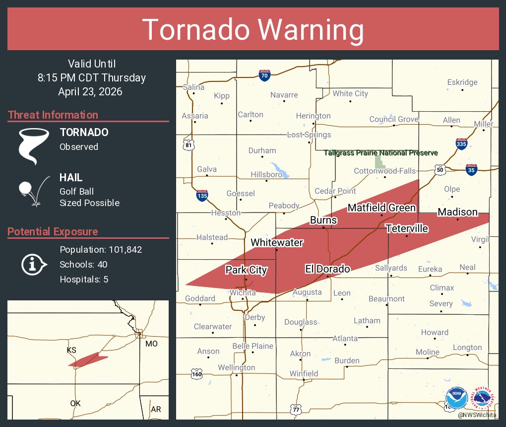 Tornado Warning including El Dorado KS, Park City KS and Valley