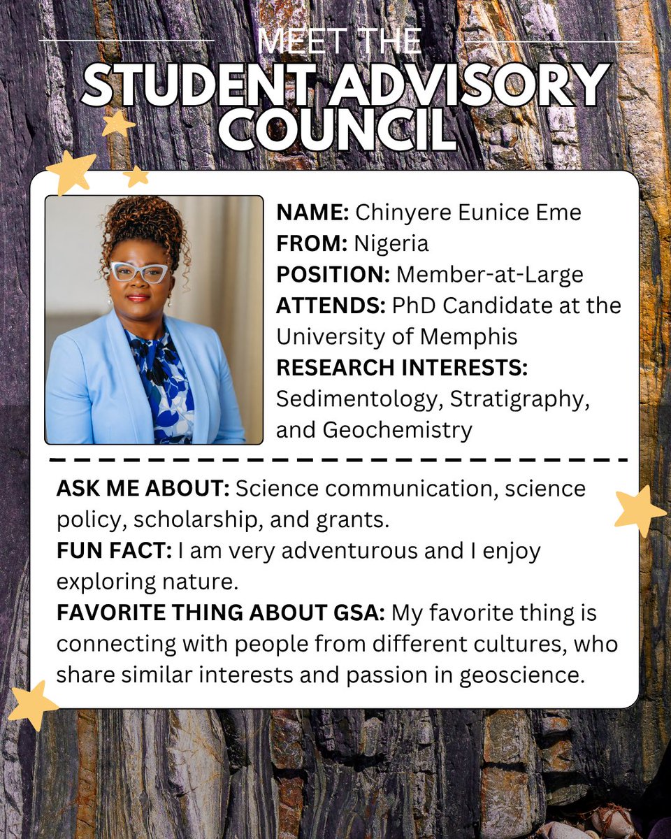 GSA_SAC's tweet photo. Meet @Nicyjuly 

Member-at-Large of the @GSA_SAC and a PhD Candidate at the @uofmemphis , where she focuses on sedimentology, stratigraphy, and geochemistry.
 Why she loves GSA: Connecting with people from different cultures, who share similar interests and passion in geoscience https://t.co/gftgaOyZvP