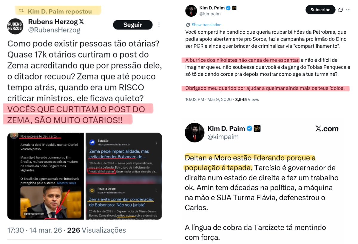 Na visão da trupe do cancelamento, o que realmente ajuda Flávio é seguir o exemplo de Kim Paim e chamar os fãs de Zema — que recebeu mais de 6 milhões de votos em 2022 — de otários, dizer que os apoiadores de Nikolas — que tem 22 milhões de seguidores no Insta — são burros e