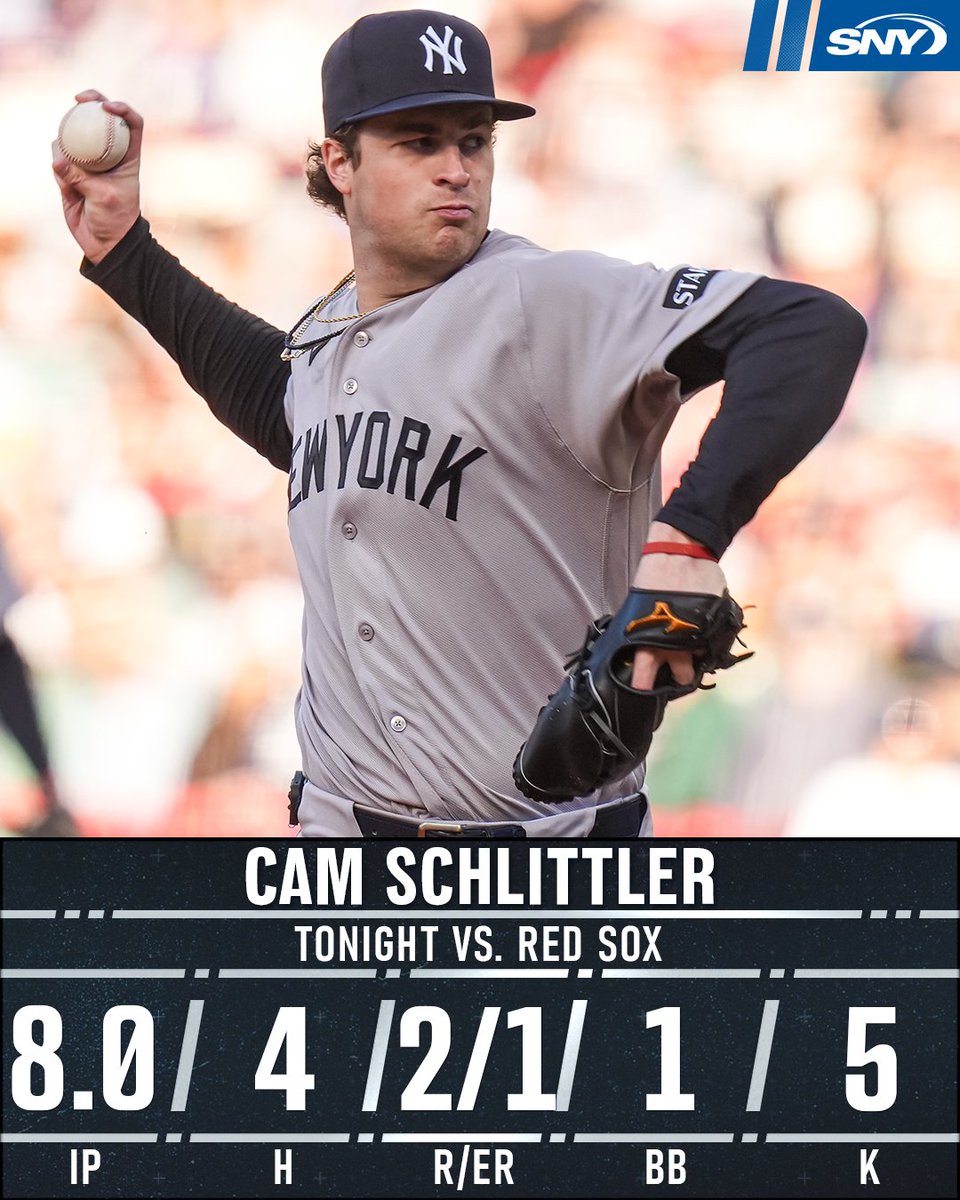 snyyankees's tweet photo. 8 strong from Cam Schlittler at Fenway Park!

He lowers his season ERA to 1.77 https://t.co/KCrar8bxPj