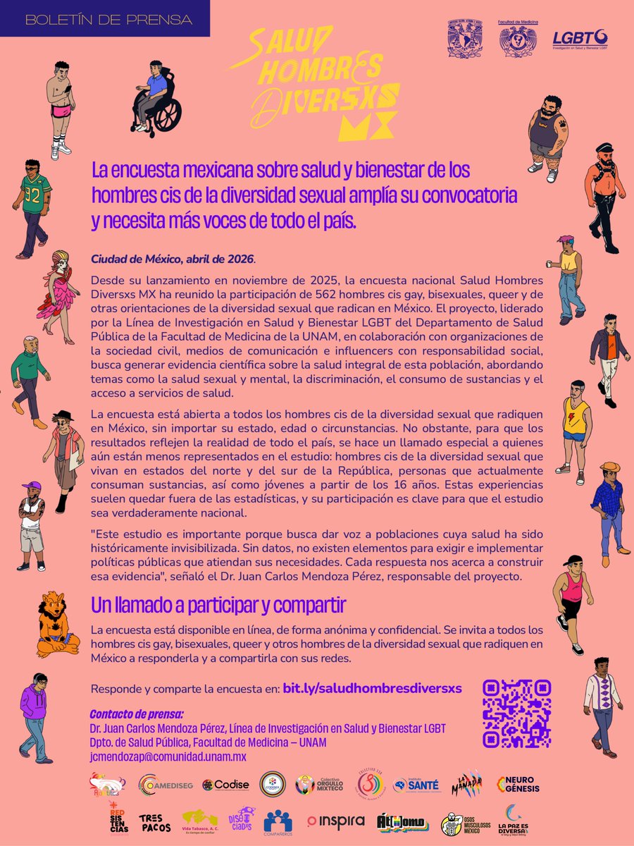 AMEDISEG's tweet photo. 🟡🟣 ¡Seguimos! La encuesta Salud Hombres Diversxs MX necesita tu participación. Gracias a todxs lxs que han sumado esfuerzos para que este proyecto crezca. 💜 Si eres hombre cis de la diversidad sexual y vives en México, tu voz importa 📋👇
https://t.co/LO4PNNsXRL https://t.co/z3SNgo0KQW