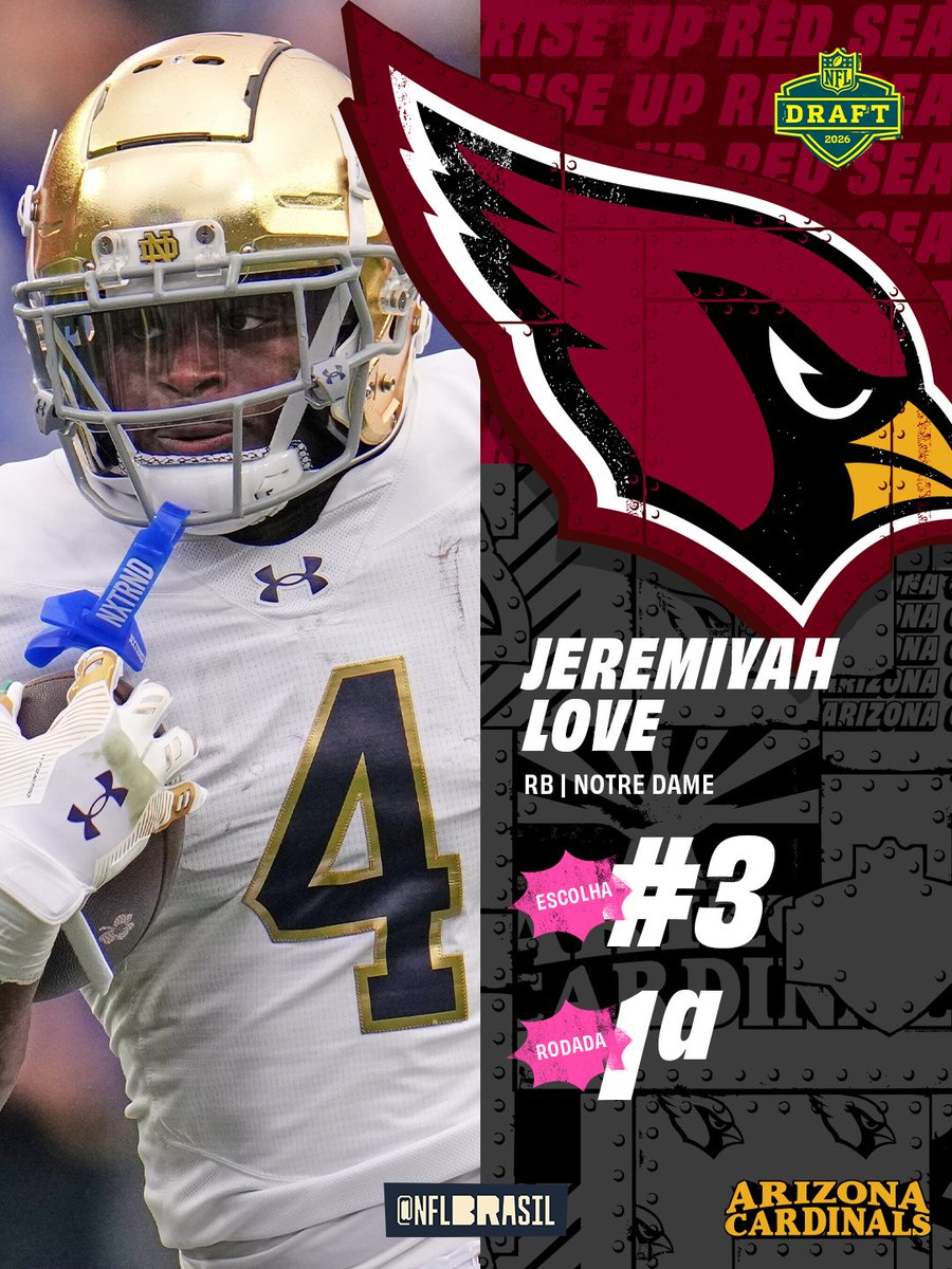 O AMOR CHEGOU EM ARIZONA! ♥️

O Arizona Cardinals seleciona o RB Jeremiyah Love, de Notre Dame, na 3a escolha do NFL Draft.

📺 NFL DRAFT ao vivo no <a href="/sportv/">sportv</a>, <a href="/getv/">Geek Entertainment</a>, espnbrasil e @disneyplusbr