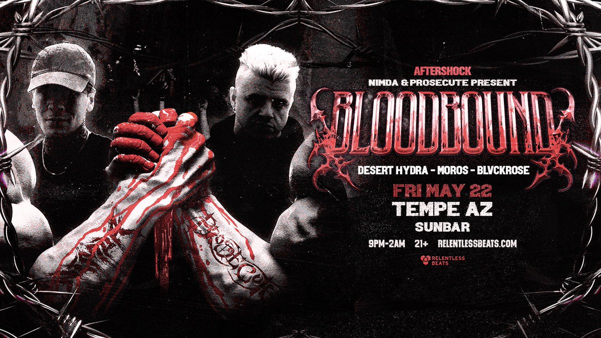 aftershockbass's tweet photo. #SupportAnnounce: Bloodbound gets deeper 🩸 Nimda x Prosecute present BLOODBOUND with Desert Hydra, Moros, and Blvckrose stacking the night from start to finish

Tickets going fast → https://t.co/PFZiXrZH1I 🎟️ https://t.co/dIIMz31O86