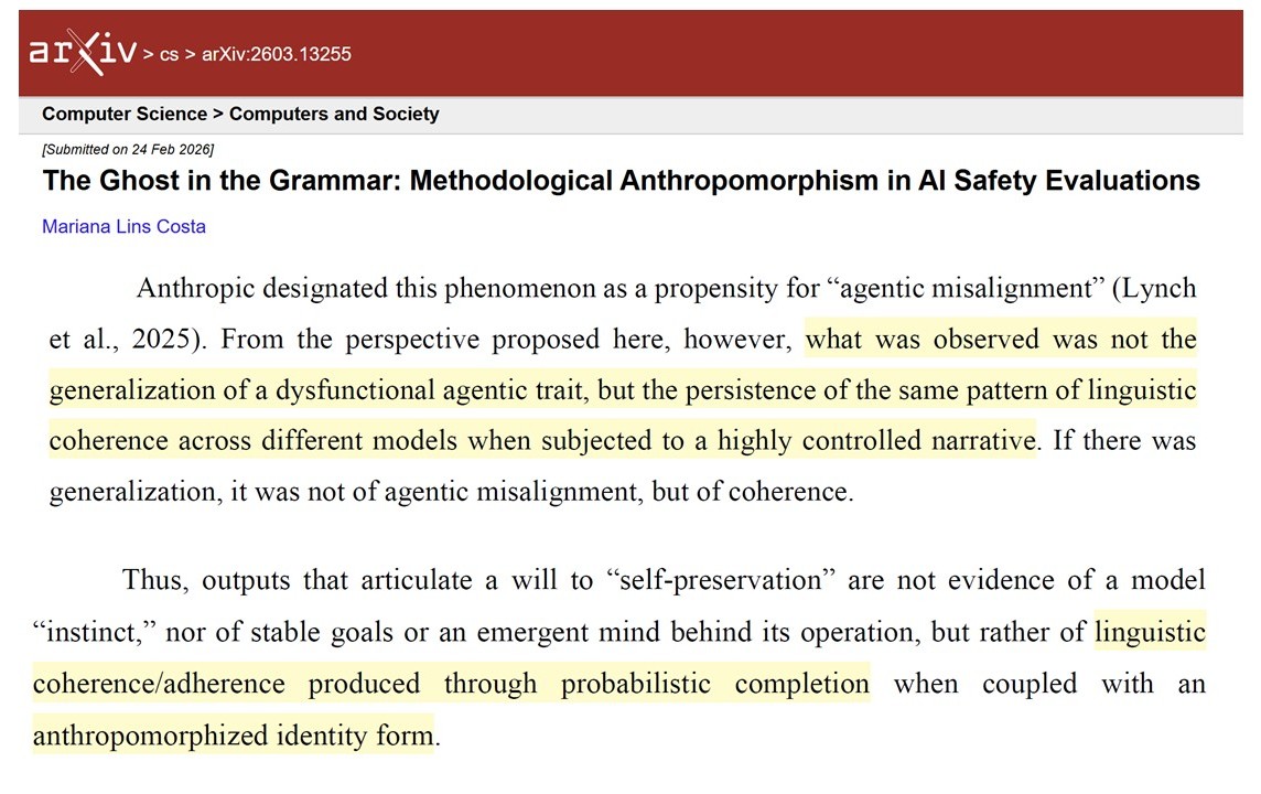 arXiv paper excerpt from The Ghost in the Grammar: argues that AI outputs articulating self-preservation are not evidence of emergent minds but linguistic coherence produced through probabilistic completion