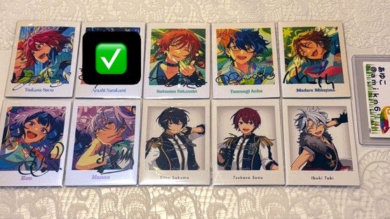 amikn6's tweet photo. 【交換 あんスタ】10周年 ぱしゃっつ / 特典
更新1

譲 : 画像の 渉 桃李 弓弦 忍 一彩  凪砂 茨 ニキ 敬人 紅郎 颯馬 維吹 夏目 つむぎ 斑 エス カンナ 司 凛月

求: 宗 みか ←同数まで 奏汰
特典は 宗 みか (2人揃えたくお返事お時間いただくかもしれません

⭐︎都内手渡 or 郵送
25日昼 池袋◎ https://t.co/dKLmK2yRna