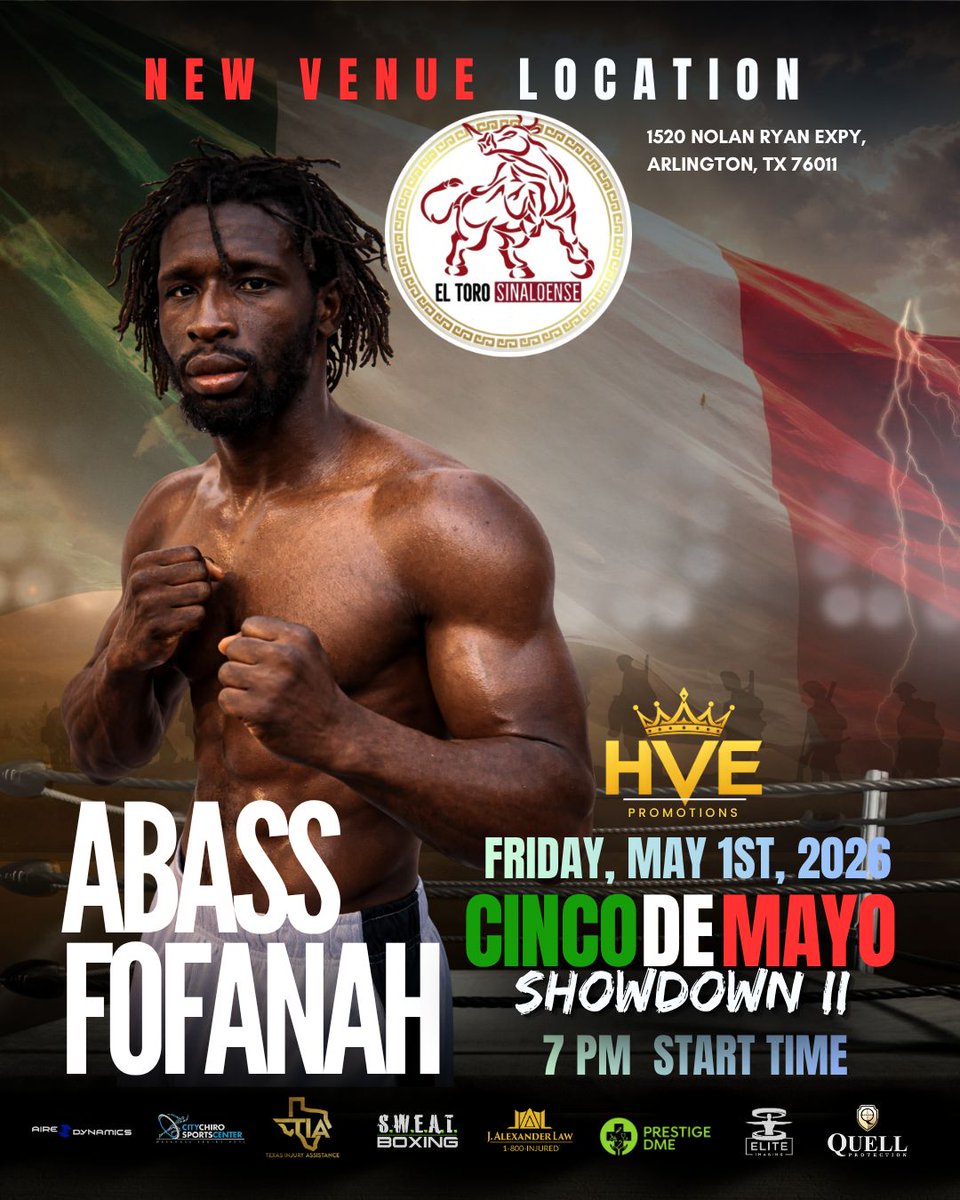 Chris85Montes's tweet image. 🇲🇽CINCO DE MAYO
 SHOWDOWN II🥊

🗓️ MAY 1ST, 2026 - 7PM 🕖 

📍EL TORO SINALOENSE 
1520 NOLAN RYAN EXPY
ARLINGTON, TEXAS 🇺🇲 76011

🎫 TICKETS AVAILABLE HERE 👇🏼
prekindle.com/events?page=1&amp;amp;…

#cincodemayo #boxing #arlington
#texasboxing #fridaybox
