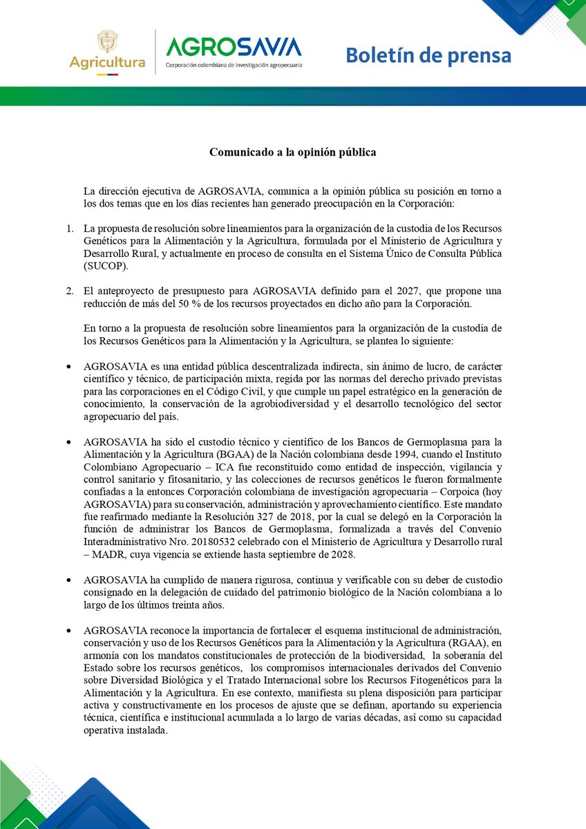 SomosAGROSAVIA's tweet photo. 📢 Comunicado a la opinión pública: AGROSAVIA se pronuncia sobre presupuesto 2027 y custodia de recursos genéticos. 👇 https://t.co/3Z4mOkAkEh