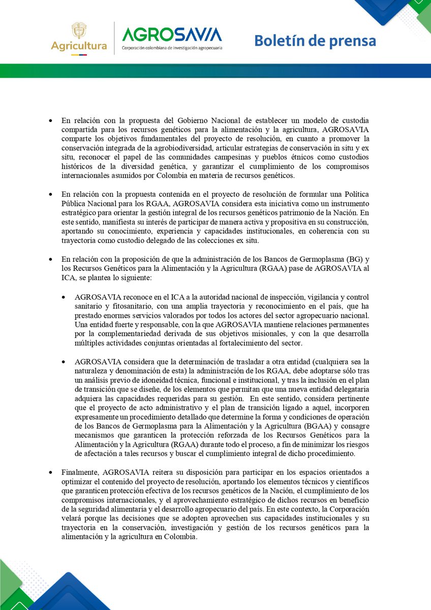 SomosAGROSAVIA's tweet photo. 📢 Comunicado a la opinión pública: AGROSAVIA se pronuncia sobre presupuesto 2027 y custodia de recursos genéticos. 👇 https://t.co/3Z4mOkAkEh