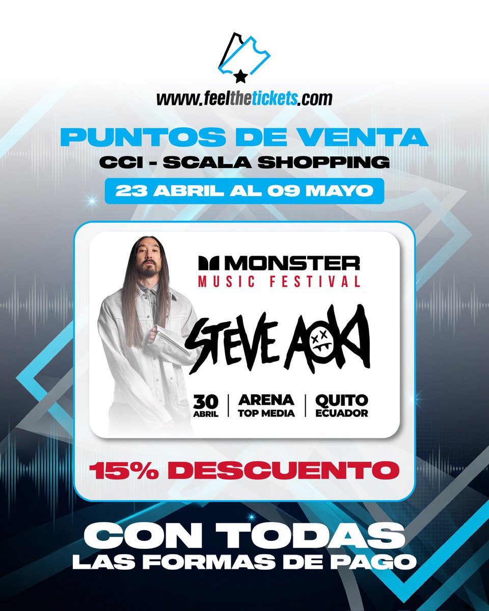feelthetickets's tweet photo. ÚLTIMAS ENTRADAS DISPONIBLES 🚨🎧

El Monster Music Festival está por llegar… 🔥

‼️ Gracias a Feel The Tickets obtén el 15% de descuento por tu compra en puntos físicos 🎟️

Más de 10 horas de música, DJs increíbles y la energ��a de Steve Aoki en un solo lugar. https://t.co/crYH9h1j8p