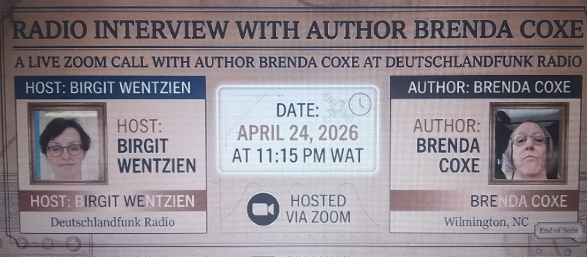 PaulWri36875087's tweet photo. 🎙️ LIVE ZOOM: Brenda Coxe &amp; Birgit Wentzien

Join us tomorrow for an exclusive dive into the finale of the Living the Dream saga.

📅 April 24
⏰ 11:15 PM WAT
📍 Zoom

Don't miss it! #BrendaCoxe #AuthorInterview #Deutschlandfunk #LivingTheDream https://t.co/C82hew4tYX