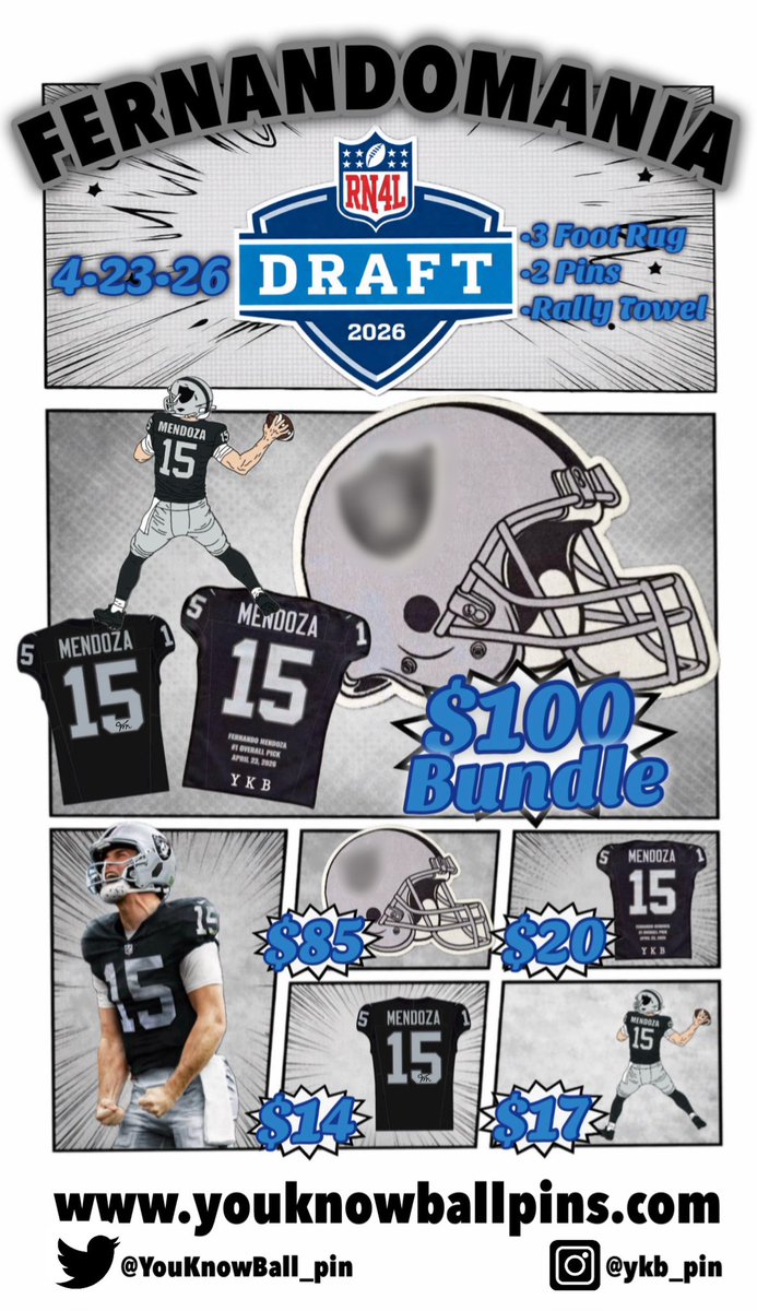 YouKnowBall_pin's tweet photo. 🚨🚨DRAFT PACK AVAILABLE🚨🚨

Our Draft Pack is now available for purchase‼️ 3 foot rug, 2 pins &amp; a rally towel available in a bundle or separately 👀 LINK IN BIO

If you purchased the $100 bundle, comment “🏴‍☠️” &amp; RT to enter our FREE Mendoza jersey giveaway 🔥 #YKB #RaiderNation https://t.co/MOejTeRG0V