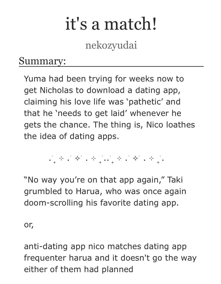 nekozyudai's tweet photo. it’s a match!

☾ rungnik 🐰🍓
☾ rated e
☾ 23.5k
☾ dating app, strangers to lovers, angst if you squint, smut

link in replies https://t.co/tlTdaoVbfX