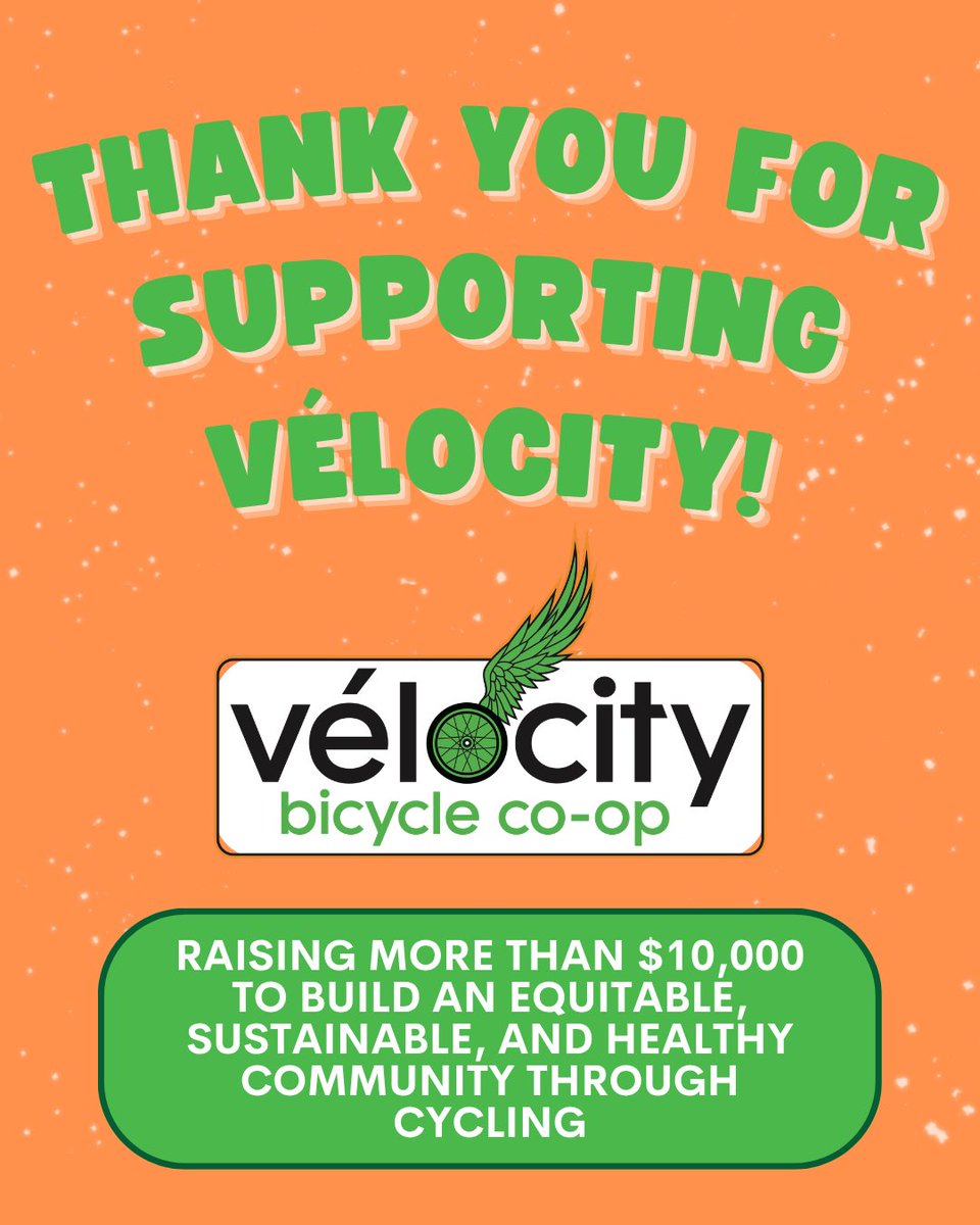 velocitycoop's tweet photo. THANK YOU💚🧡

Thanks to YOU, we reached our #Spring2ACTion goal! 

Every dollar donated will go toward providing bikes, repairs, and educational programs for those in need.

We’re so grateful for your support. Stay tuned for more updates! 🚲💚 https://t.co/gEwx3oTmPa