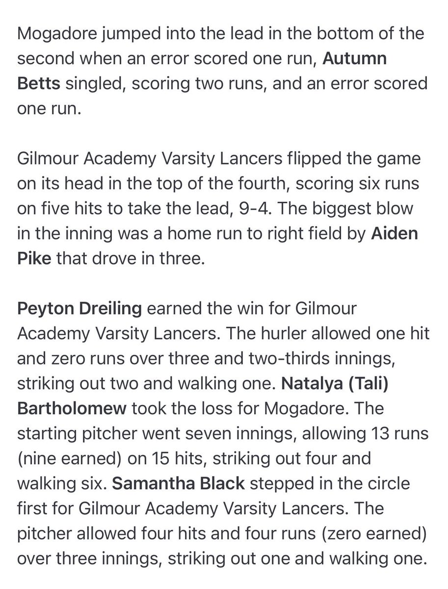 GilmourSoftball's tweet photo. Win at Mogadore 13-4. Golden Game Balls: Ava Gundling 2H, 2HR, 2BB, 2R, 4R, SB, Samantha Black 2H, 2B, BB, R, RBI, great pitching and turned a DP! #GoGA #MakeThingsHappen @nhpreps @jkampf_NH @ohiovarsity @ccscaohio @yappisoftball @Isley23 @JacobHansen_12 @campalmer55 @galancerad https://t.co/TxwvJ5sq5O