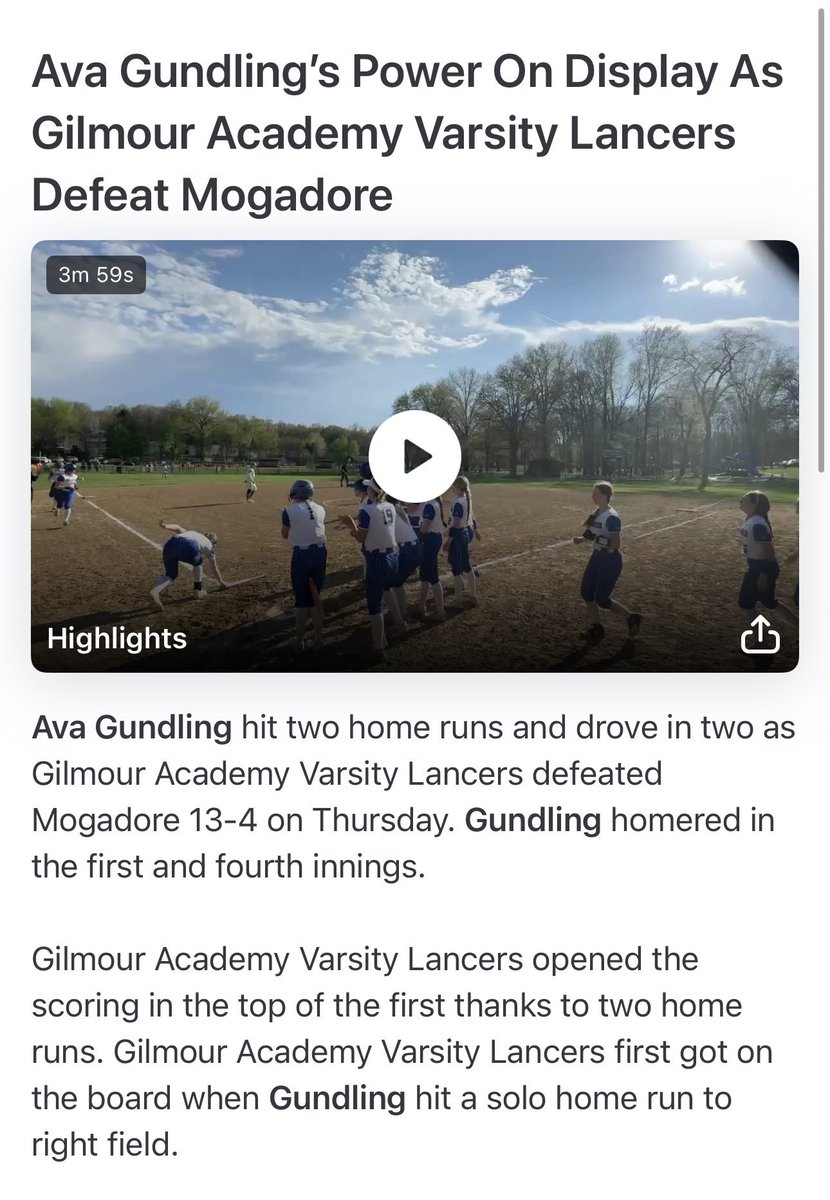 GilmourSoftball's tweet photo. Win at Mogadore 13-4. Golden Game Balls: Ava Gundling 2H, 2HR, 2BB, 2R, 4R, SB, Samantha Black 2H, 2B, BB, R, RBI, great pitching and turned a DP! #GoGA #MakeThingsHappen @nhpreps @jkampf_NH @ohiovarsity @ccscaohio @yappisoftball @Isley23 @JacobHansen_12 @campalmer55 @galancerad https://t.co/TxwvJ5sq5O