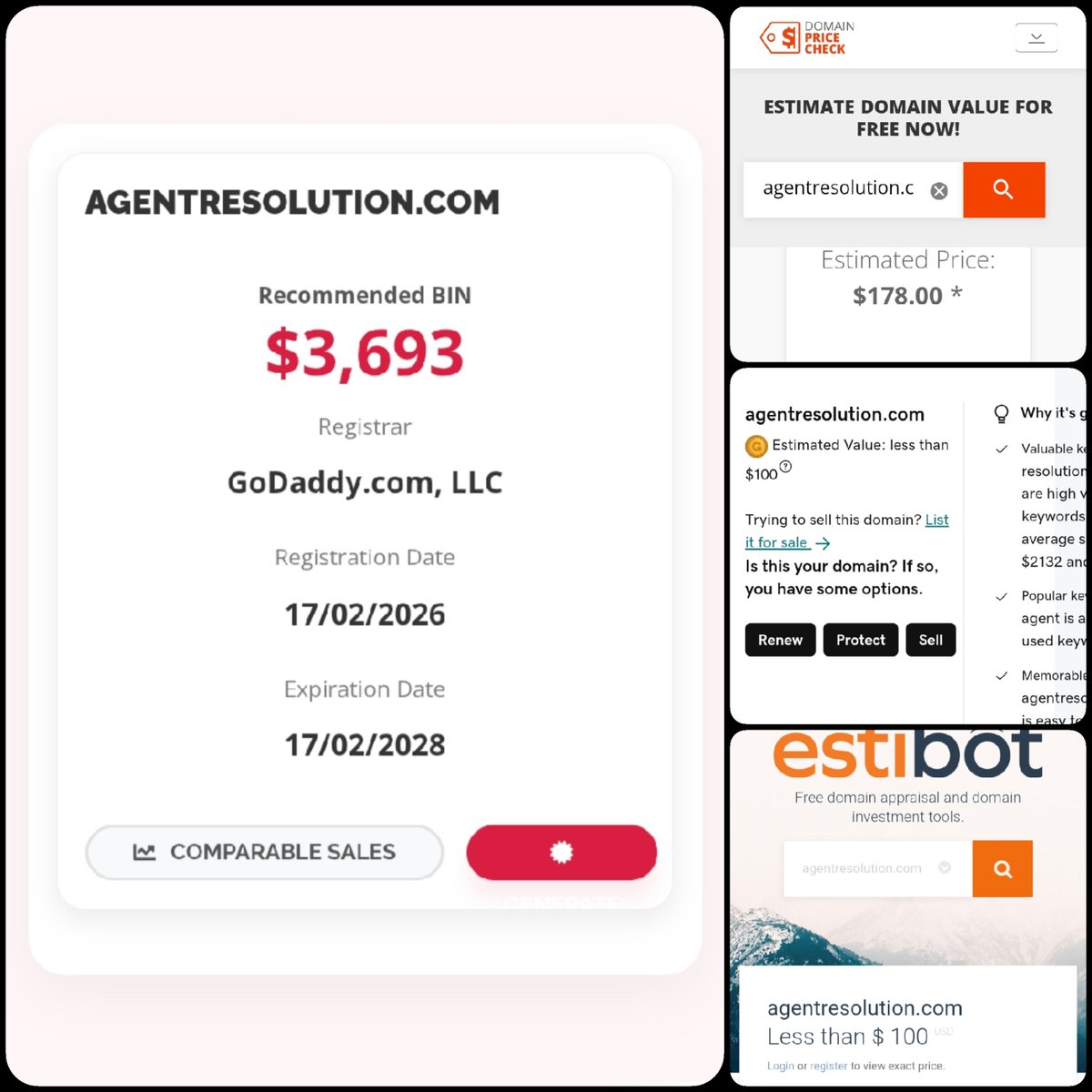 🌐 AgentResolution .com

💰 Sold Price : $3,888

✔ @DNRater Recommended BIN : $3,693
✔ Godaddy Estimation : <$100
✔ Estibot Valuation : <$100
✔ InternetX Appraisal : $178

📌 Venue : <a href="/afternic/">Afternic</a> 
📆 2026-04-21