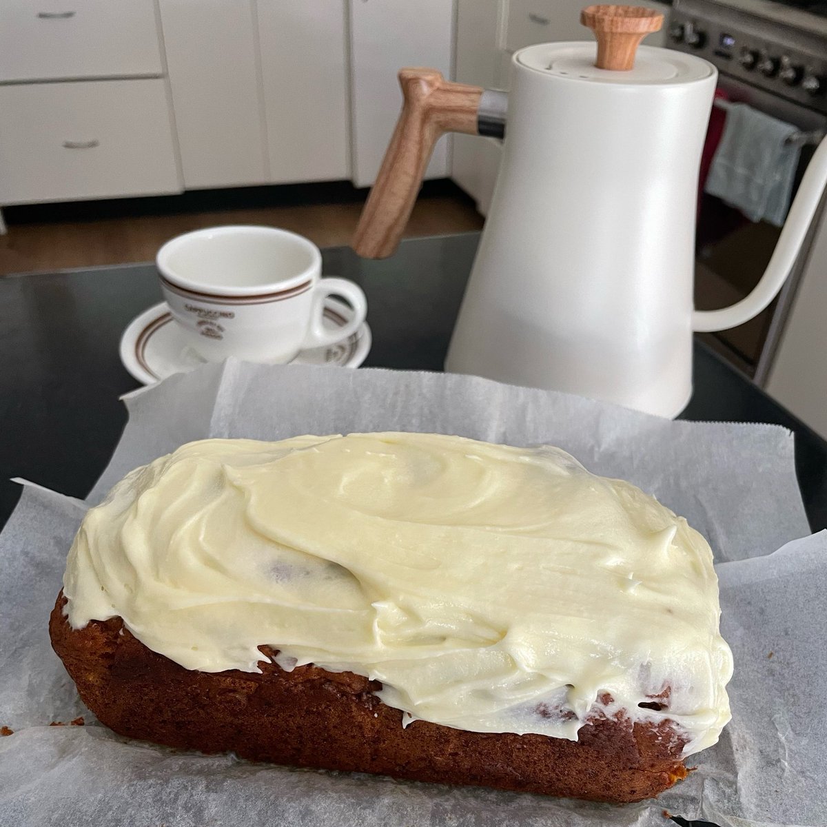 Just_Marsian's tweet photo. Today’s baking episode: carrot cake loaf with icing (cake breakfast vibe) https://t.co/ZKD6cMsJ6G