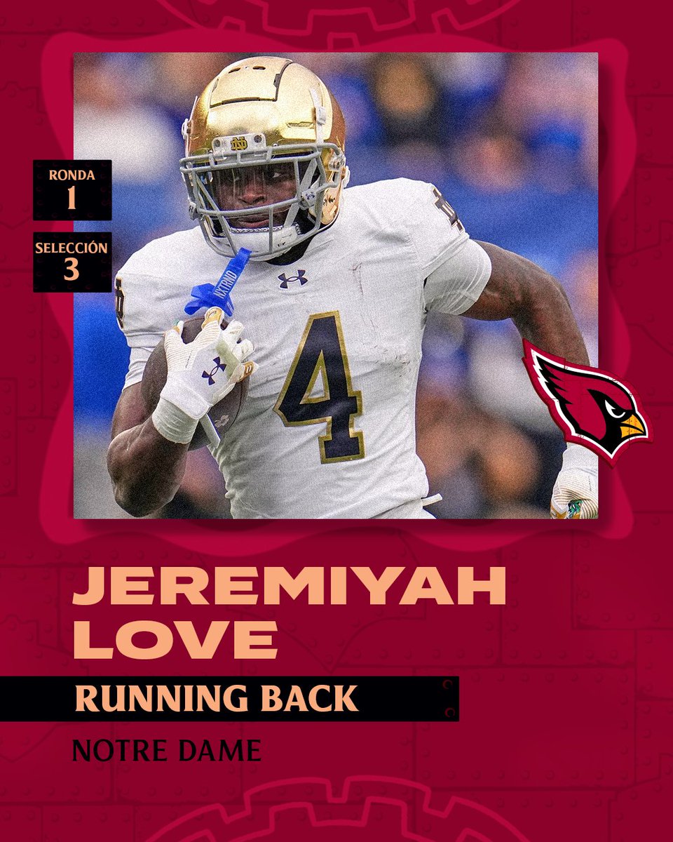 AZCardenales's tweet photo. ¡Bienvenido al #BirdGang, Love! 🫶🏈

Con el 3er pick global del NFL Draft 2026 hemos seleccionado a Jeremiyah Love, Running Back de Notre Dame. https://t.co/ziNfWlOXaf