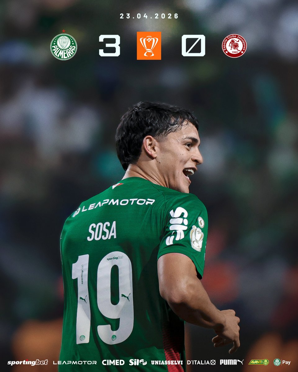 EM #FAMÍLIAPALMEIRAS, ESTREAMOS COM VITÓRIA NA COPA DO BRASIL PELA 21ª VEZ SEGUIDA E ABRIMOS VANTAGEM RUMO ÀS OITAVAS DE FINAL! AVANTI, PALESTRA! 💪💚

🏆 Palmeiras 3x0 Jacuipense
⚽ Sosa (2) e Felipe Anderson

#FimDeJogoSEP #PALxJAC