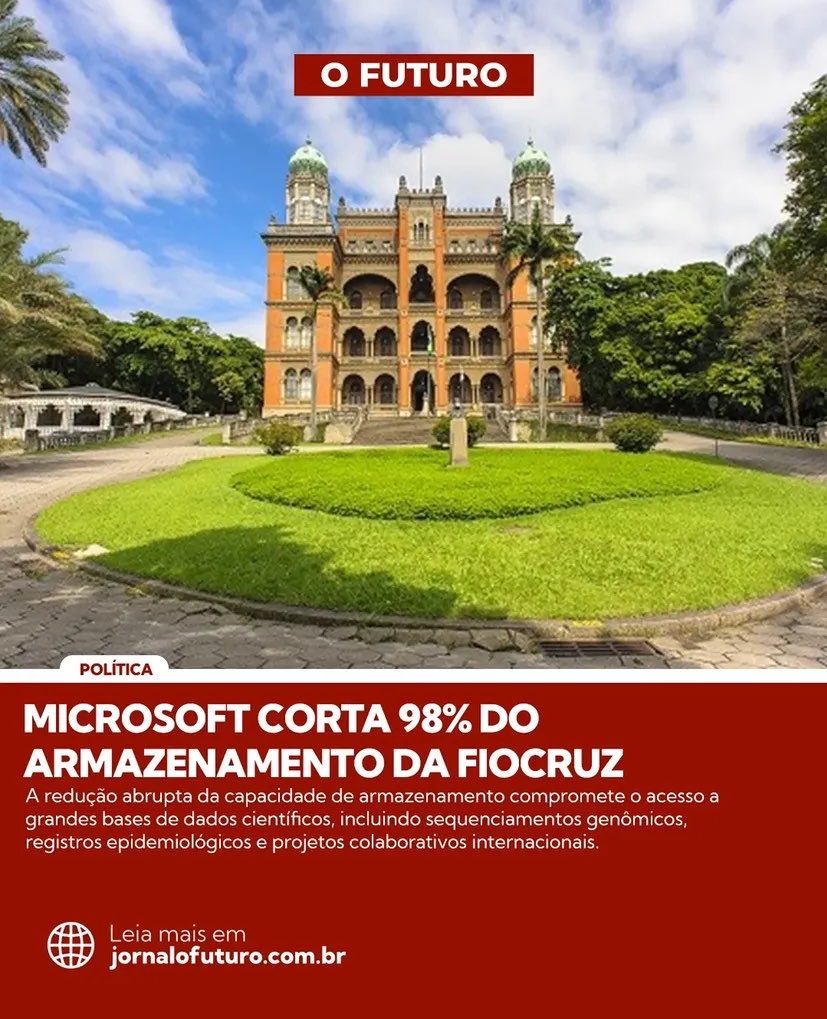 A Microsoft cortou 98% do armazenamento da Fiocruz.

Resultado? Dados científicos ameaçados, pesquisas comprometidas e um alerta grave: o Brasil depende de big techs até pra produzir ciência.

Soberania tecnológica não é luxo. É necessidade! 

Leia: jornalofuturo.com.br/artigo/1iHAJI-…