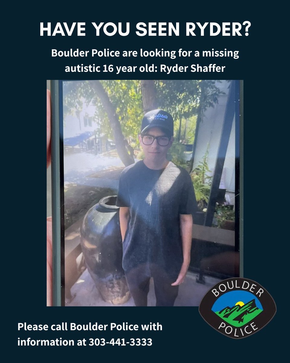 boulderpolice's tweet photo. 🚨 Missing Teen – Have you seen Ryder?🚨  The Boulder Police Department is asking for the public’s help in locating a missing autistic 16-year-old:  Ryder Shaffer • Age: 16 • Height: 5’7” | Weight: ~150 lbs • Black hair, brown eyes  Last seen: • Near Boulder High School around 8:30 AM • Reportedly heading in the direction of the school on 15th Street   Clothing/Description: • Blue jeans • Brown cowboy boots • Grey t-shirt • Dark-colored backpack  If you have any information, please contact the Boulder Police Department immediately at 303-441-3333.  Please share this post and additional photos to help bring Ryder home safely.