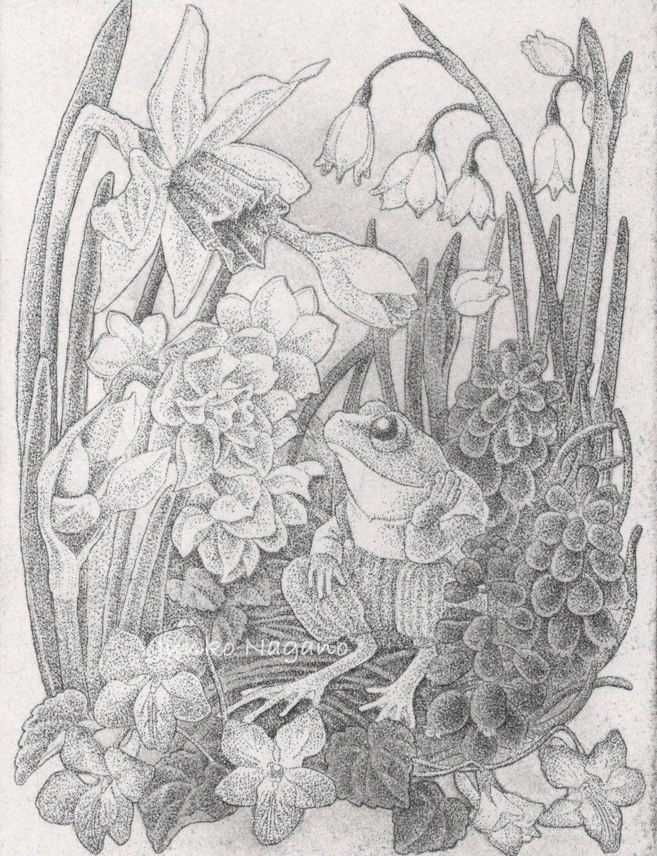 「土の子」#銅版画　12×9㎝
春の到来と共に地表に現れる緑の芽吹き。次々と開花し、いつの間にか庭は新緑で覆われています。私も植物も蛙たちも、大地から命を授かった土の子どもです。
#ワイアートギャラリー　のサイトにて「園丁だより」第5話掲載されました。
<a href="/yartgallery_s/">ワイアートギャラリー</a>