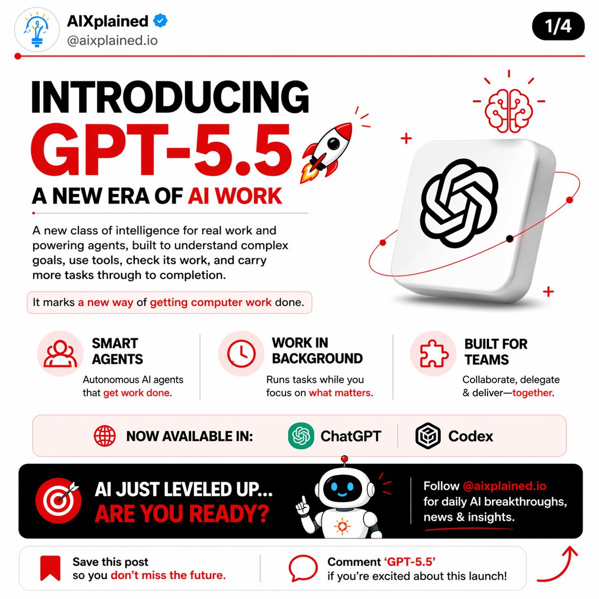 AXplained85600's tweet photo. AI just crossed a line… and there’s no going back.
GPT-5.5 isn’t just answering anymore.
It’s thinking, acting, and completing real work for you.
From coding → reasoning → real-world execution…
👉 This is the shift from assistant → agent. https://t.co/0BFty9hGiH