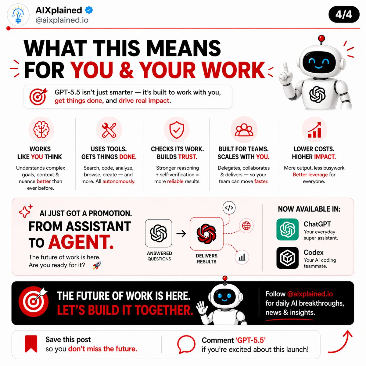 AXplained85600's tweet photo. AI just crossed a line… and there’s no going back.
GPT-5.5 isn’t just answering anymore.
It’s thinking, acting, and completing real work for you.
From coding → reasoning → real-world execution…
👉 This is the shift from assistant → agent. https://t.co/0BFty9hGiH